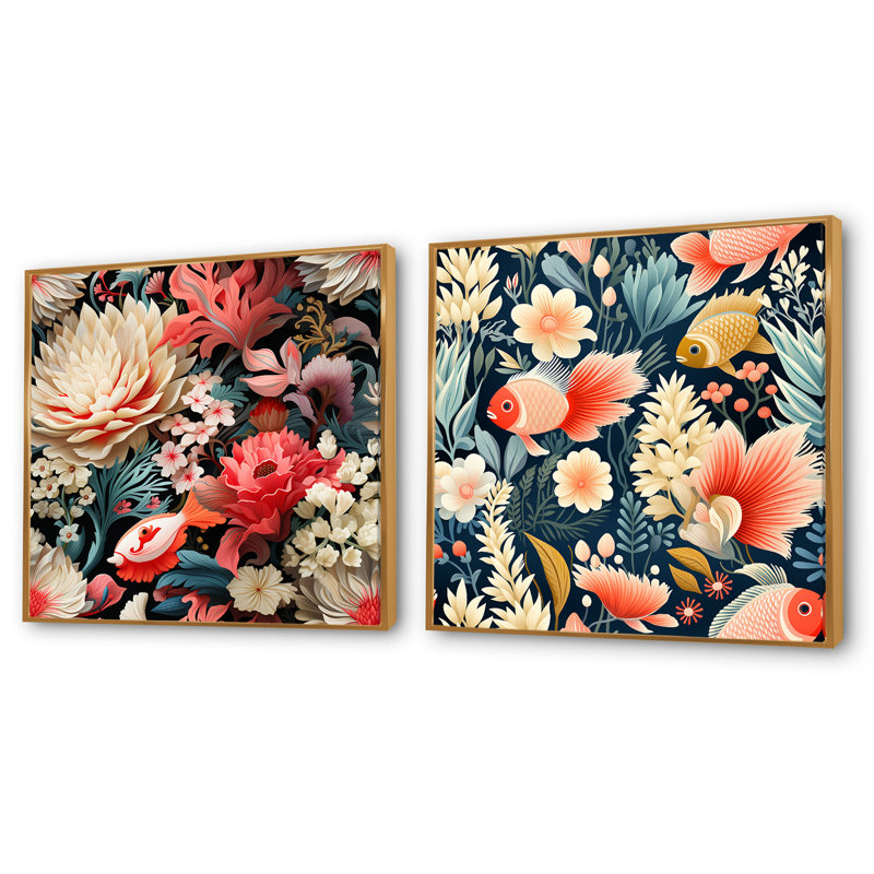 Roseau - Ensemble de 2 collages floraux carrés, H 16 po x l 33 po, Cadre flottant doré