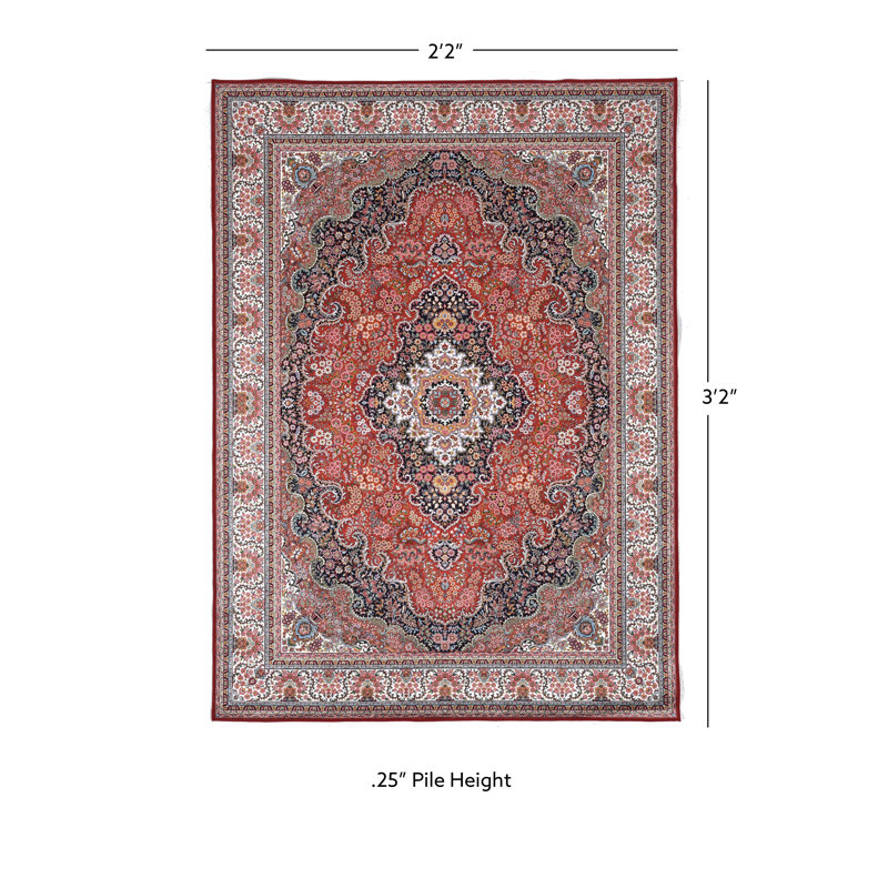 Emanuel Traditional Machine Woven Flatweave Red and Ivory Area Rug with Non Skid Backing, Rectangle 2'2'' x 3'2''