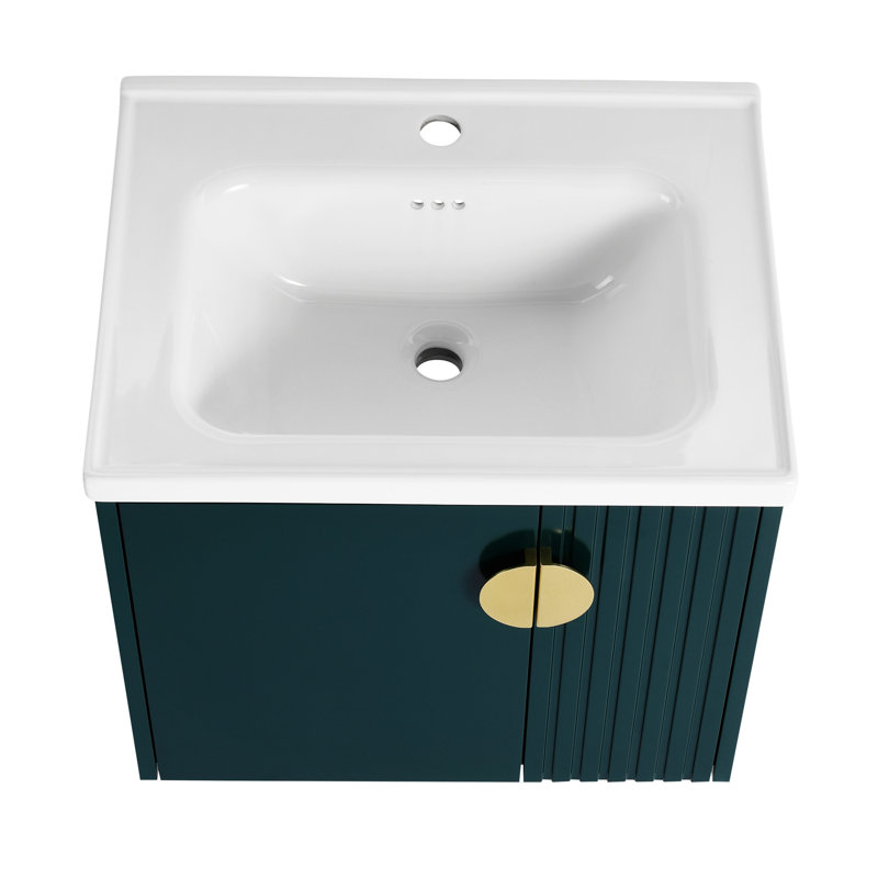 Green Wall-Mounted Bathroom Vanity with Ceramic Sink and Metal Handles