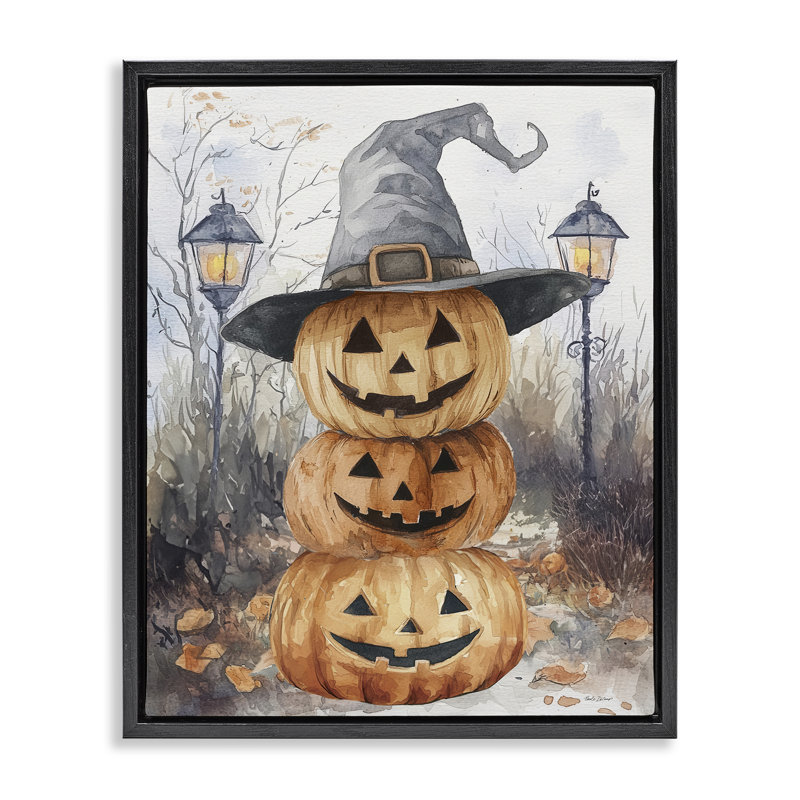 Jack-o-lanternes empilées avec cadre flottant de chapeau de sorcière, design par Nicole DeCamp, H 31 po x l 25 po