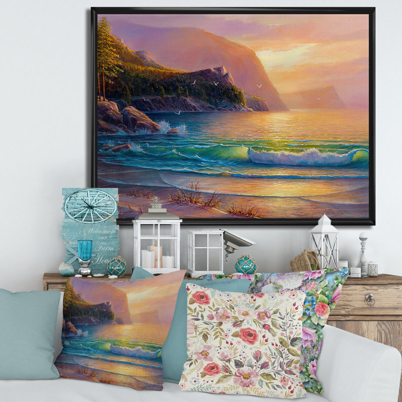 Plage romantique pendant un coucher de soleil chaud - Impression sur toile, H 24 po x l 32 po x P 1 po, Toile avec cadre noir