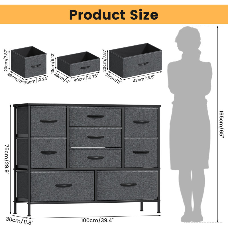 100cm W 9 - Drawer Chest of Drawers, Deep Grey