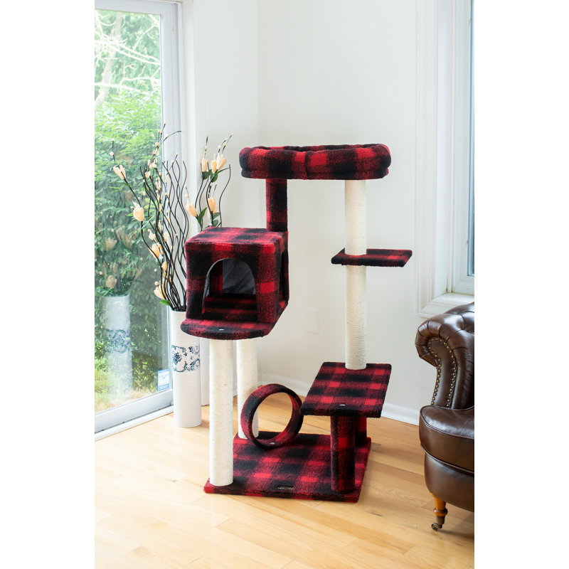 50-Inch Red and Black Plaid Sisal Cat Tree with Lounger
