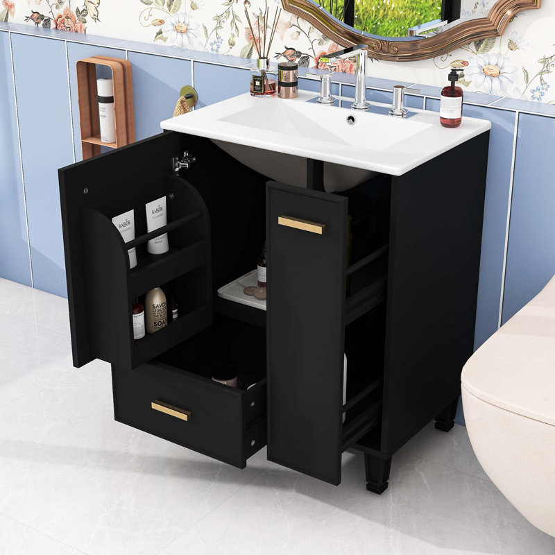 Meuble-lavabo de salle de bain avec lavabo, porte à fermeture en douceur, tiroir et panier coulissant à 2 niveaux, Noir