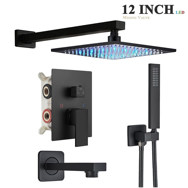 Ensemble de robinet de douche avec système de douche noir avec valve à DEL 12 po