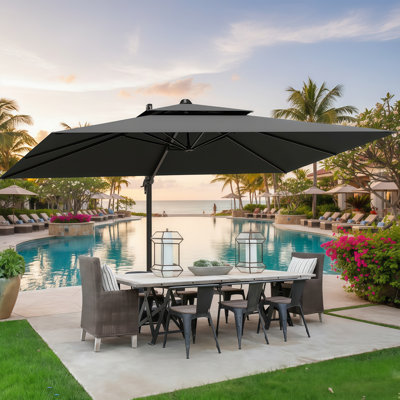 9 X 12 Ft Offset Cantilever Parasol, Heavy-Duty Double-Layer Construction, 360° Swivel Adjustable, Large Rectangular Design, Suitable For Gardens, Patios, Pools, And Backyards, Grey.