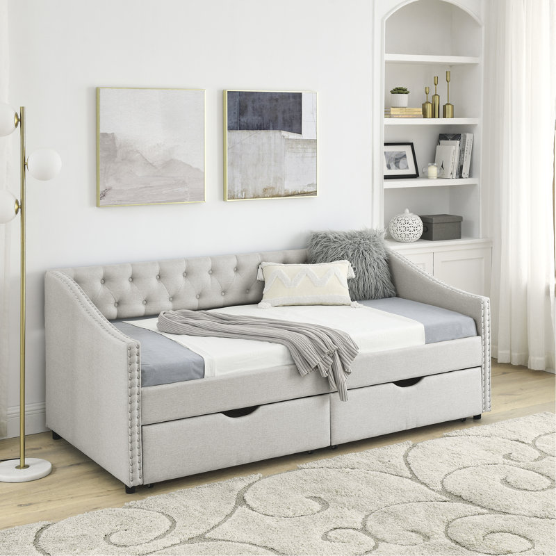 Twin Size Daybed With Drawers Upholstered Tufted Sofa Bed, With Button On Back And Copper Nail On Waved Shape Arms, Beige(81.5''X41''x30.5'')