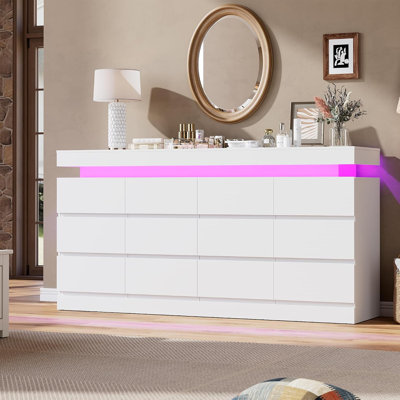 12 Drawer Dresser for Bedroom - 63” Wide Chest of Drawers with LED Light and Charging Station, Large TV Stand Multi-Function Home Organizer for Living Room, Entryway, Hallway, White