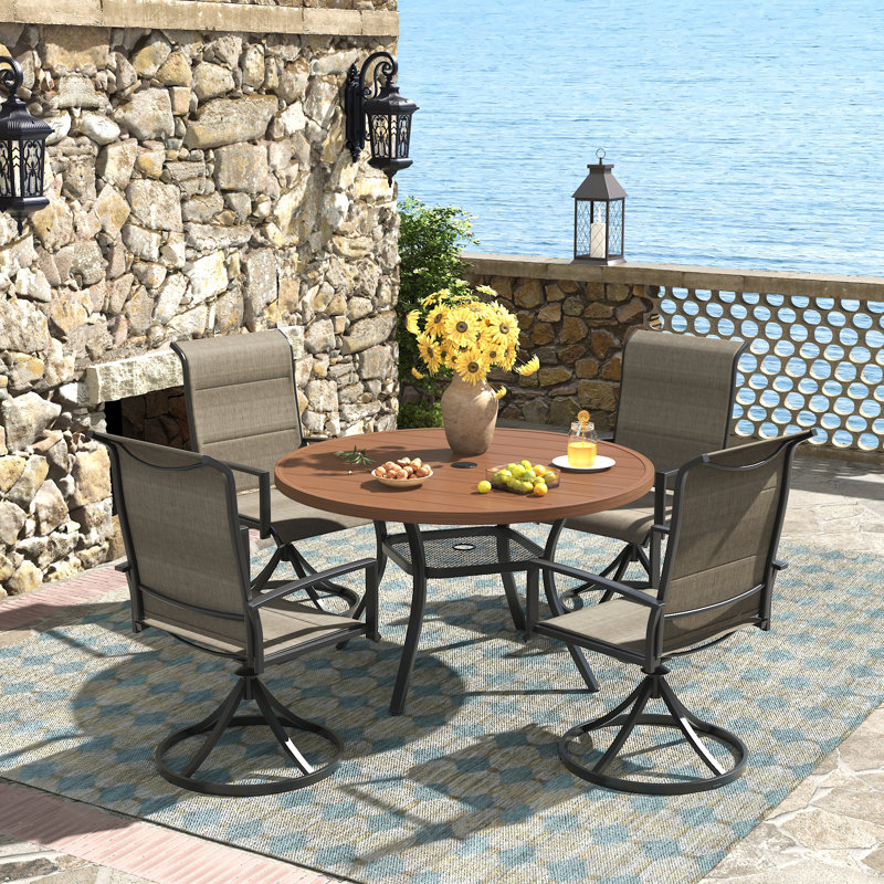 Ensemble repas d'extérieur 4 personnes avec chaises pivotantes, Brun / noyer / noir