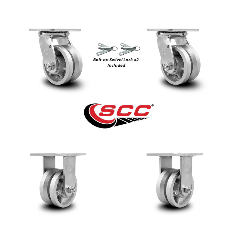 4 Inch V Groove Semi Steel Caster Set with Roller Bearings 2 Swivel Lock 2 Rigid|SCC-30CS420-VGR-BSL-2-R-2