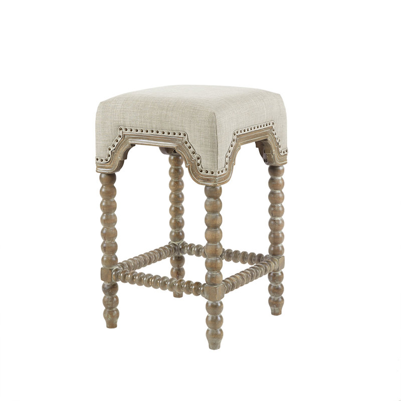 Tabouret de comptoir élégant - tissu gris, bois massif, siège rembourré avec détails en bronze, pieds en bois récupéré, garniture, assemblage requis