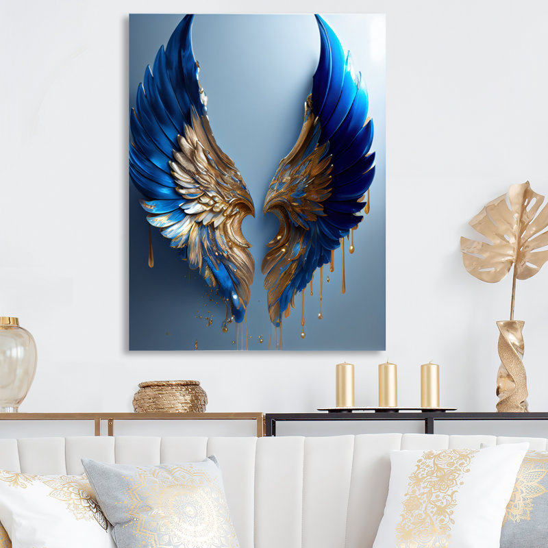 Blue And Gold Angel Wings V - Wings Angel Metal Wall Art, 44" H x 34" W x 1" D