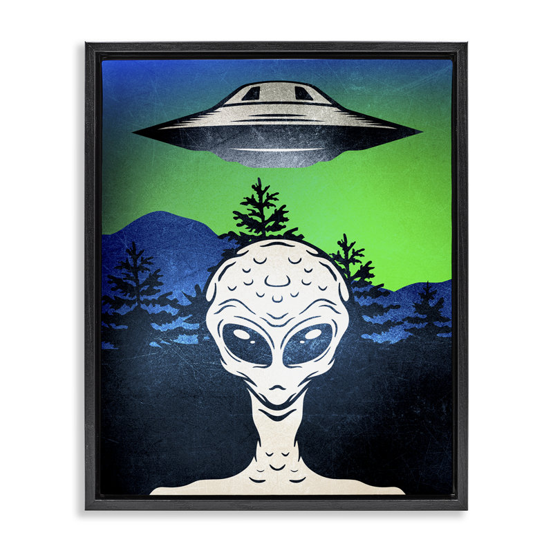 Cadre flottant Alien and UFO Scene, design par Kim Allen, H 21 po x l 17 po, Cadre flottant noir de jais