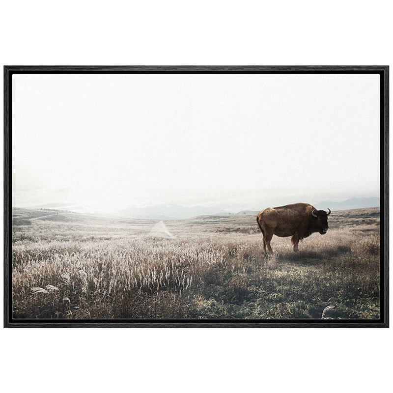 Bison Buffalo in Misty Washed Out Landscape Animal Rustic Wall Art Framed On Canvas Pictures Print, 24" H x 36" W x 1.5" D