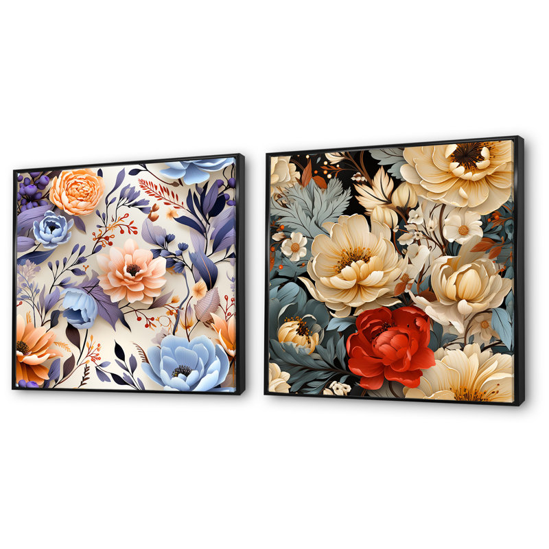 Lea - Ensemble de 2 impressions sur toile florales, Cadre noir, H 30 po x l 61 po x P 1 po
