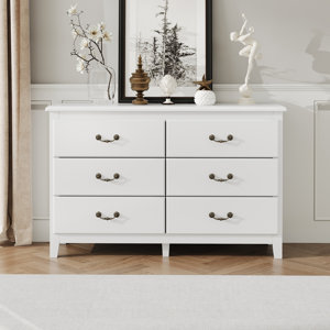 6 Drawer Double Dresser, Large Storage Cabinet Chest of Drawers with Brass Handle for Bedroom, Living room