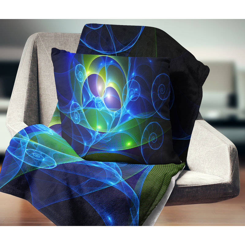 Curly Spiral - coussin abstrait imprimé, 18 po x 18 po, Noir / Bleu, Coussin décoratif