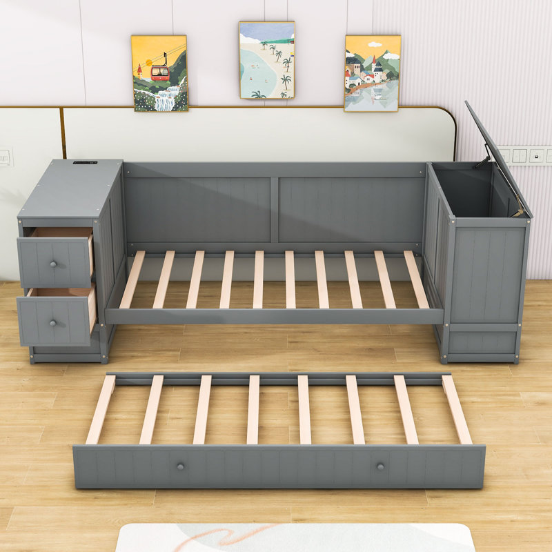 Dobb Twin Wood Daybed with Storage Arms and Trundle, Gray