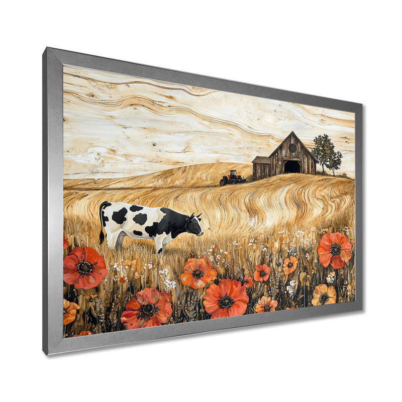 Paysage de coquelicots et vache et la grange II - coquelicots, art mural, H 16 po x l 32 po, Cadre simple argenté