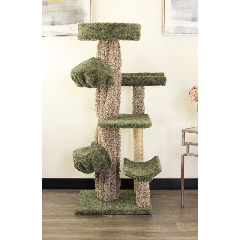 Green and Beige Solid Wood Cat Tree with Sisal Rope