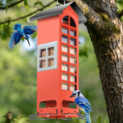 Metal Bird Feeder Squirrel Proof For Outdoors Hanging, Wild Bird Feeders Gravity Protection Tube Bird Seed Feeder With 4 Feeding Ports, 2.2LB Large Capacity For Cardinal, Sparrow, Finch, Chickadee