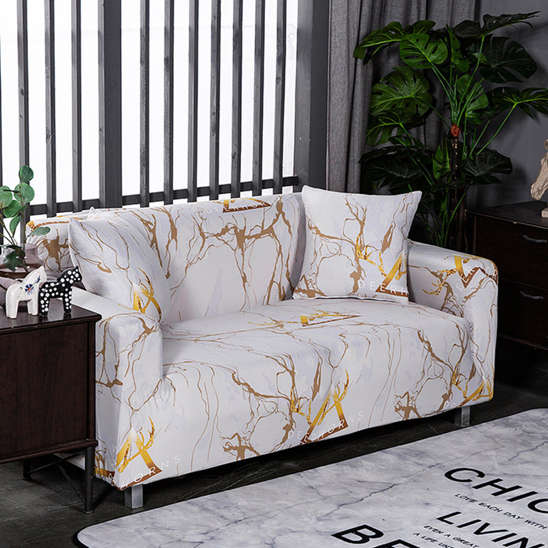 Housse pour canapé à coussins carrés/rectangulaires, Mélange de polyester marbre blanc, 75"-91"