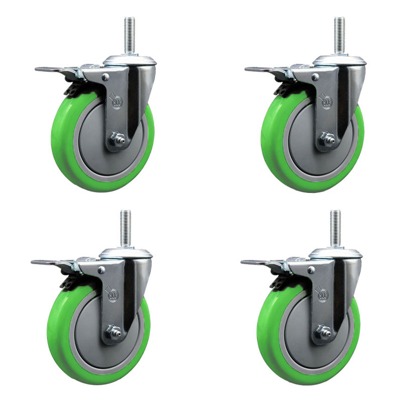 Ensemble de roulettes à tige filetée de 5 po en poly 5 po avec frein à verrouillage total 5 po, Vert