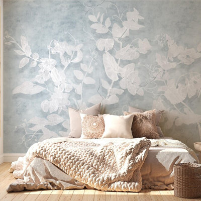 Large Blue Floral Botanical Wall Mural, Vintage Textured Concrete Effect Wallpaper, Soft Neutral Flower Wall Art, Modern Living Room Bedroom Accent Wall Decor