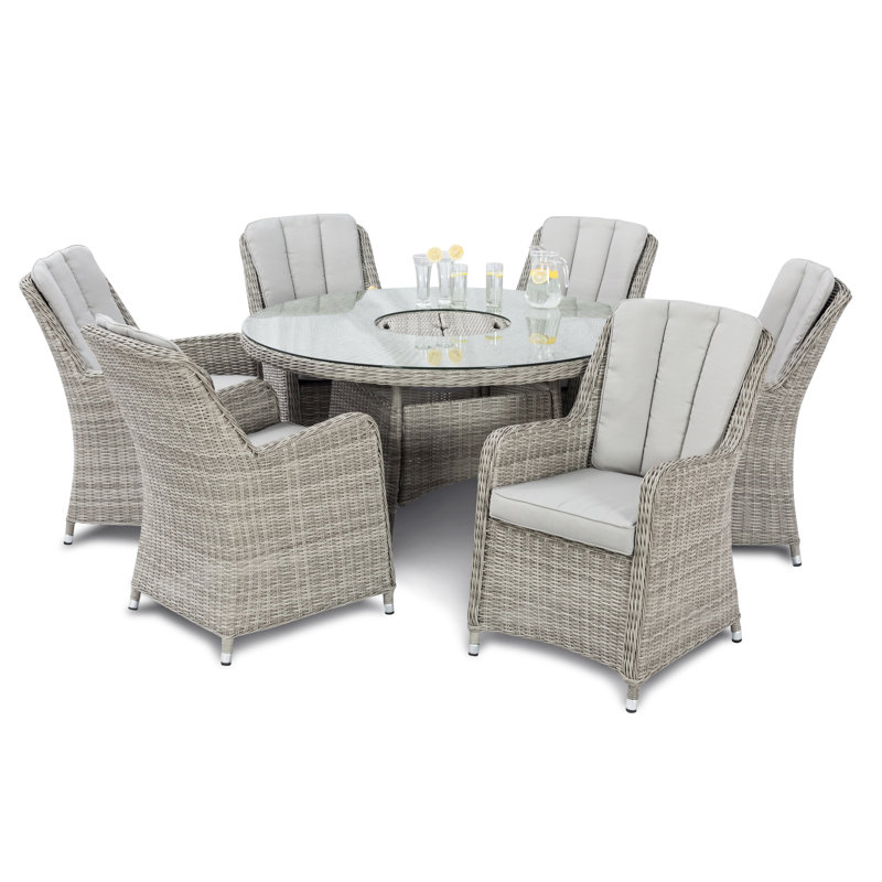 Lotta Venice 6 Seat Round Rattan Dining Set - with Ice Bucket & Lazy Susan, Off White, Grey