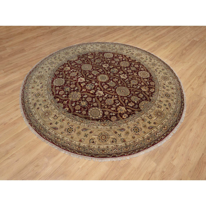 Tapis oriental rond 8 pi 1 po x 8 pi 1 po, rouge, en laine et en soie, noué à la main, 300 KPSI