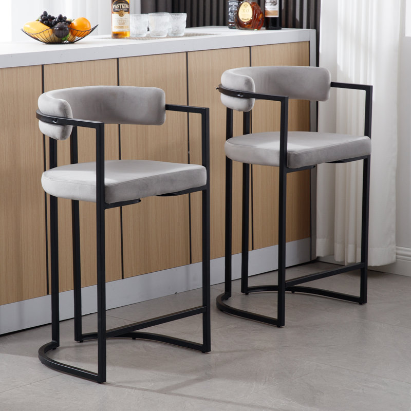 Tabouret Kojno, Siège gris / cadre noir, Tabouret de comptoir (siège d'une hauteur de 26 p