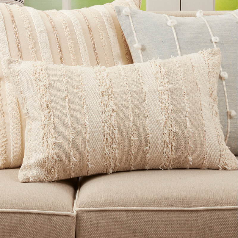 Small Beige Woven Stripe Frayed Throw Pillow