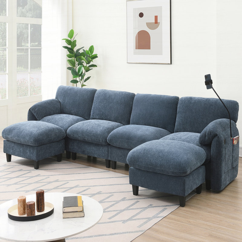 140" Modular Sectional Sofa, U-Shape with 31.5" Extra-Wide Seat Cushion, USB and Type-C Charger, Phone Holder and 2 Side Storage Pockets, Free Movement Ottoman, Striped Chenille