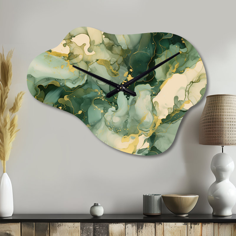 «Green Luxury Abstract Fluid Art I - Fractals», horloge asymétrique en métal, impression d'horloge murale moderne, Petit