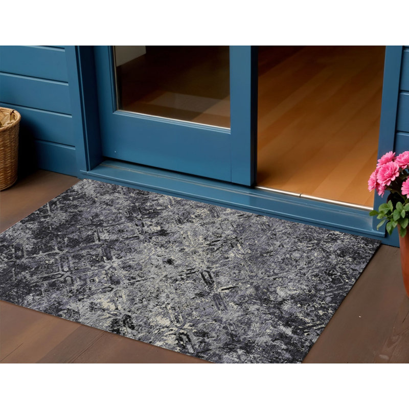 Tapis extérieur lavable à motif géométrique 3 pi x 5 pi noir et argent