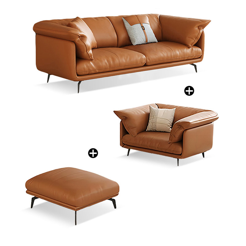Ensemble de salon en cuir véritable orange 3 pièces