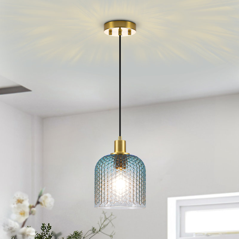 Suspension Berngar 7,08 po L en verre perlé, style ferme côtière, à dôme unique, 7,08 po