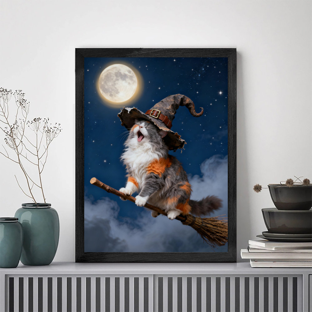Winston Porter Black Framed Vintage Cat Halloween with Witch Hat Wall ...
