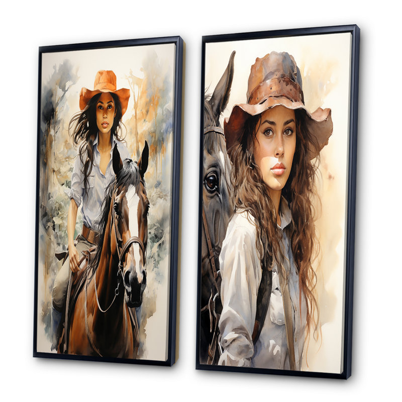 «Cowgirl Trailblazing Spirit», 2 pièces sur toile, Cadre noir, H 40 po x l 40 po