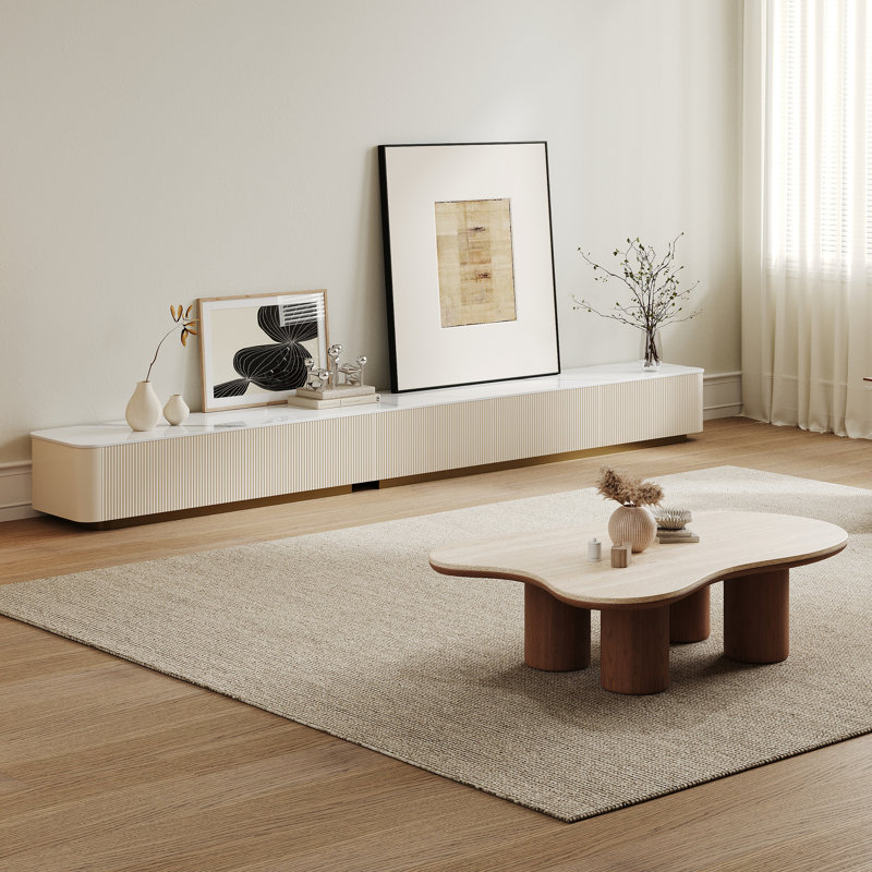 Ensemble de table de salon moderne, meuble télé cannelé 118 po et table basse irrégulière 48,4 po, console média en pierre et table basse Cloud avec base en bois, ensemble de meubles 2 pièces