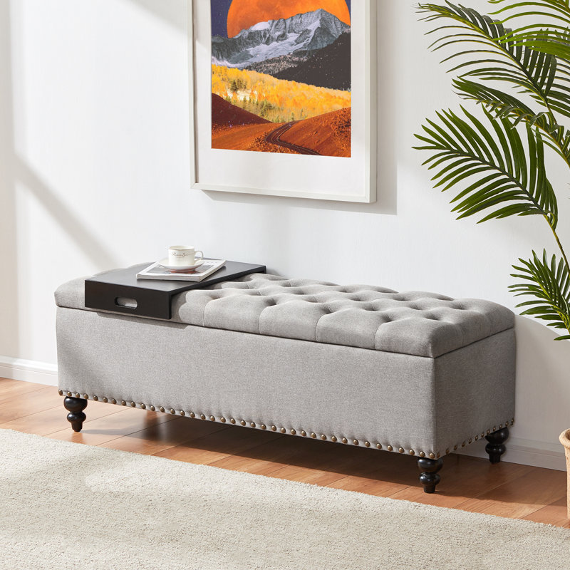 Repose-pieds de rangement rectangulaire capitonné de 50,4 po Ashtin, Gris - plateau polyester