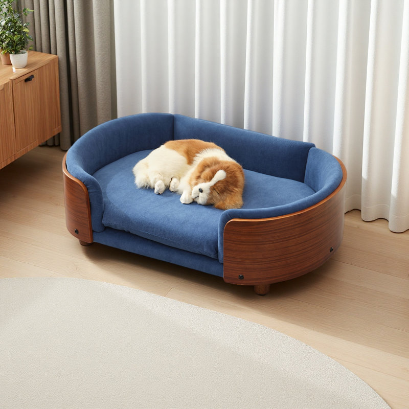 Lit pour chien de luxe en bois massif avec pieds en mousse à mémoire de forme et dossier courbé en bois, Bleu très foncé