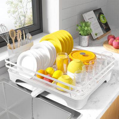Dish Drying Rack - Multi-Functional Dish Rack for Kitchen Counter with Cutlery Holder, Rust-Proof Storage Solution with Rotatable, 15.7" x 12.0" x 5.5", White