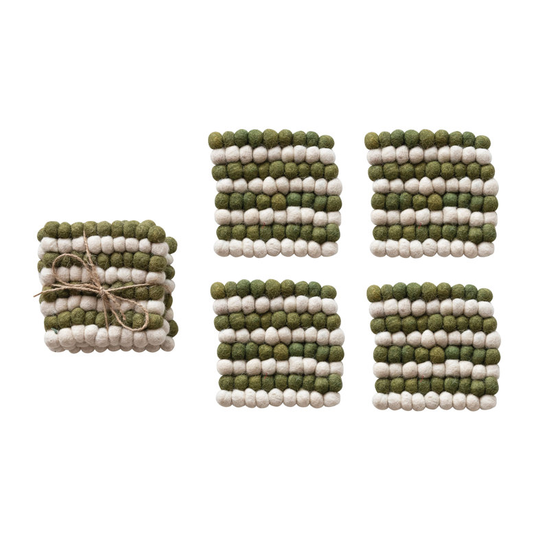 Handmade Wool Felt Ball Coasters, Cream/Green