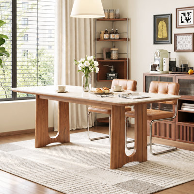 Modern Farmhouse Travertine Dining Table with U-Shaped Wood Base, 70.87" Rectangular Dining Table for 6