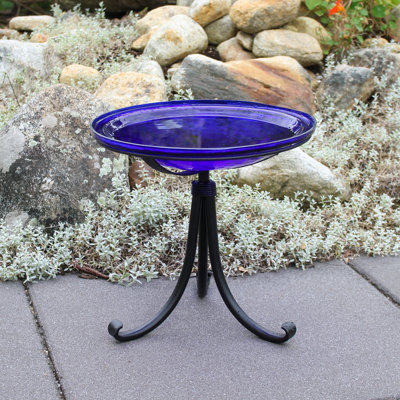 14" Crackle Glass Birdbath with Tripod Stand