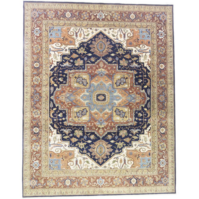 Tapis bleu oriental en laine noué à la main 11 pi 11 po x 15 pi 1 po Oriental