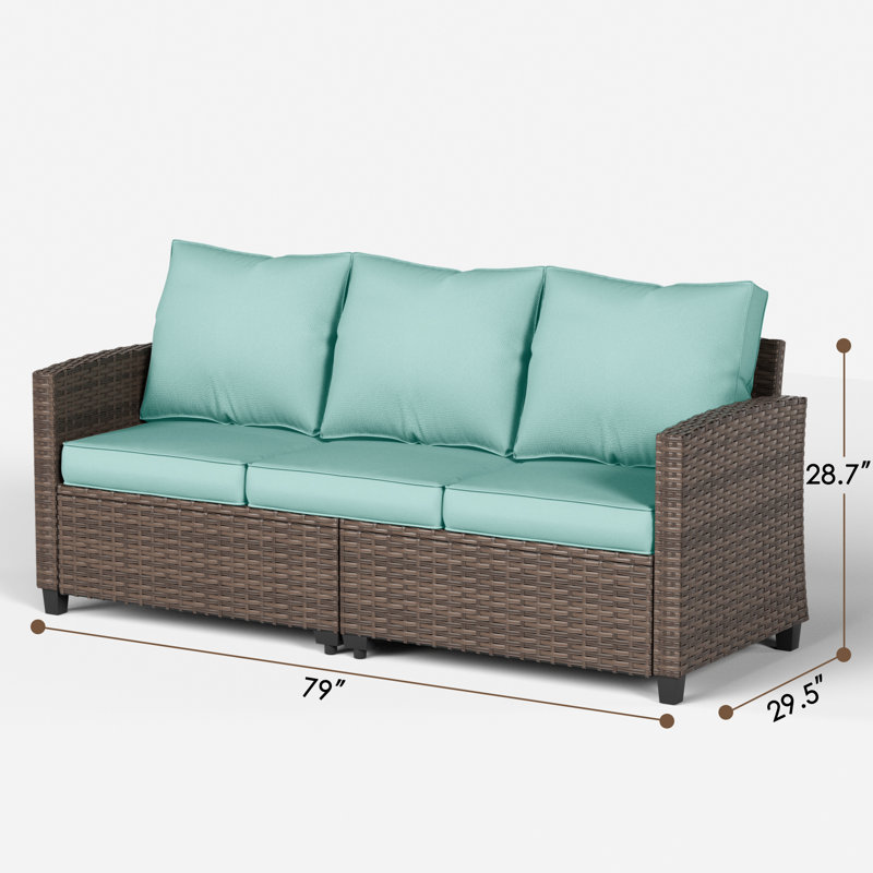 3-Person Patio Sofa With 2 Ottomans, Blue, Brown