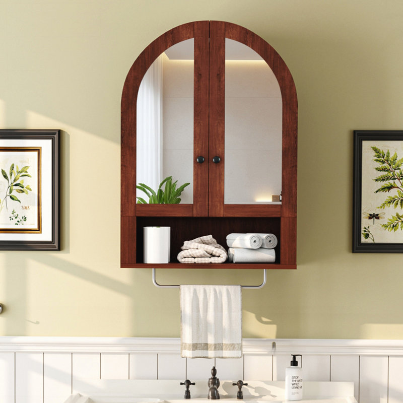 Armoire murale arquée avec portes en miroir et tablettes réglables, Brun
