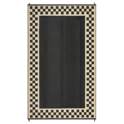 Reversible Outdoor Area Rug, 10' x 14', Waterproof Woven Plastic Straw with Geometric Border, Lightweight & Easy-Clean Design for Patio, Deck, Balcony or Beach